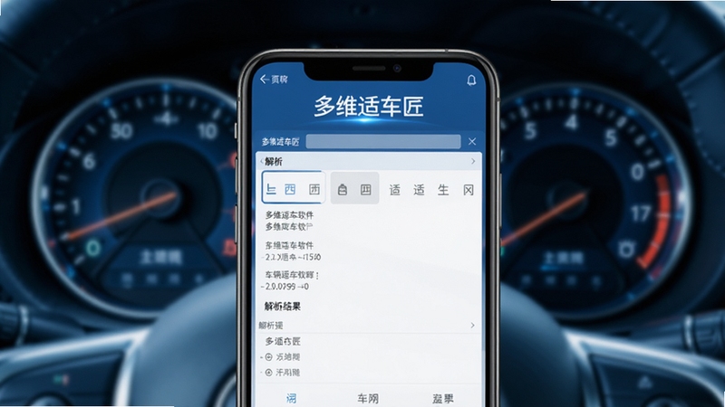 多维适车匠软件界面中显示车辆故障码解析结果的手机预览图,画面主体为手机屏幕特写,背景为简洁的汽车仪表盘虚化场景,整体色调偏科技蓝,突出软件名称多维适车匠