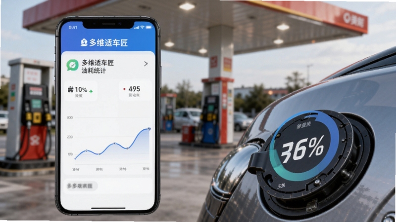 多维适车匠油耗统计图表界面图,手机屏幕显示折线图与圆形占比图,背景为加油站场景虚化,画面中融入汽车油箱盖元素,突出数据可视化与多维适车匠名称