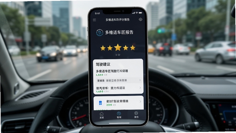多维适车匠驾驶行为评分报告手机截图,画面主体为手机屏幕显示评分星级与驾驶建议,背景为城市道路虚化景象,方向盘局部可见,整体风格简洁明了,体现多维适车匠的智能分析能力
