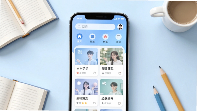 云禾学长应用主界面全貌展示,画面中央为手机屏幕正视图,屏幕内呈现清爽的学习类应用首页布局,顶部有搜索栏与功能入口,中部为卡片式内容推荐区,背景为柔和的浅蓝色渐变,周围点缀书本、铅笔等学习元素,整体风格简洁明快,适配Boogu模型生成
