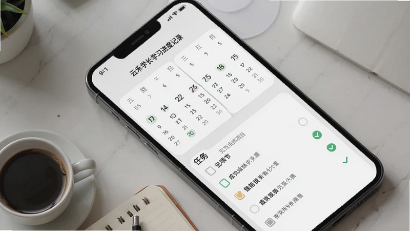 云禾学长学习进度记录页面,手机屏幕显示日历式打卡界面与任务清单,已完成项目带有绿色对勾,背景为浅灰色极简风格,画面左下角有一杯咖啡和笔记本,营造专注学习的氛围,适配Boogu模型生成