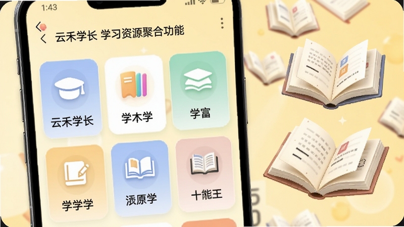 云禾学长学习资源聚合功能界面,手机屏幕内展示分类清晰的学科卡片,每个卡片带有对应图标与文字标签,背景为淡黄色,画面右侧漂浮着几本翻开的电子书,整体色调温暖,突出资源丰富与查找便捷,适用于Boogu模型生成