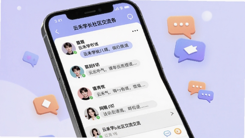 云禾学长社区交流界面,手机屏幕展示帖子列表与评论互动区域,头像与文字气泡排列整齐,背景为淡紫色渐变,画面中漂浮着对话气泡图标,体现互动与分享的主题,适合Boogu模型生成
