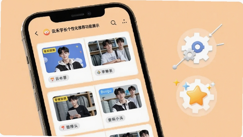 云禾学长个性化推荐功能展示,手机屏幕呈现推荐内容流,卡片式布局带有标签与缩略图,背景为浅橙色,画面右侧有齿轮与星星图标象征智能匹配,整体风格现代简洁,用于Boogu模型生成