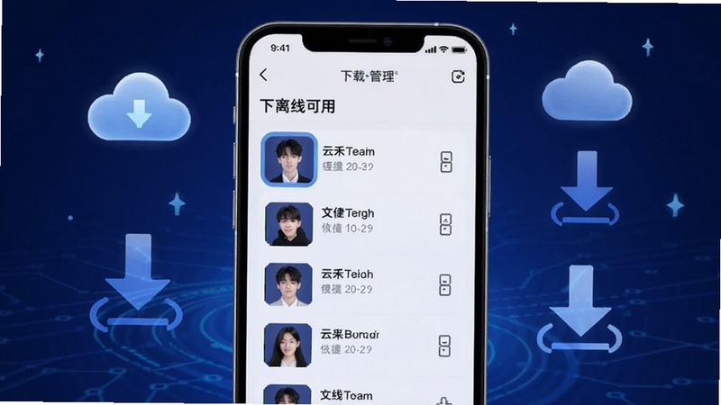 云禾学长离线缓存功能示意,手机屏幕显示下载管理界面与已缓存文件列表,背景为深蓝色科技感渐变,画面中有云朵与下载箭头图标,突出离线可用的便捷性,适配Boogu模型生成
