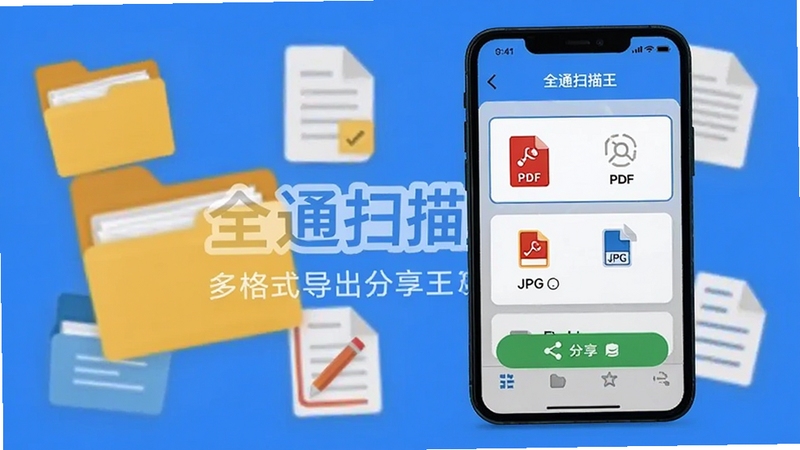 全通扫描王多格式导出分享界面,手机屏幕上显示PDF和JPG格式选项以及分享按钮,背景有文件夹和文档图标装饰,突出全通扫描王名称,适配Boogu模型生成