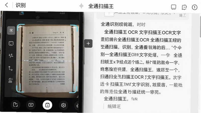 全通扫描王OCR文字识别界面,手机屏幕左侧显示扫描的纸质书页,右侧显示提取出的可编辑文字内容,界面干净,突出全通扫描王的识别功能,适配Boogu模型生成