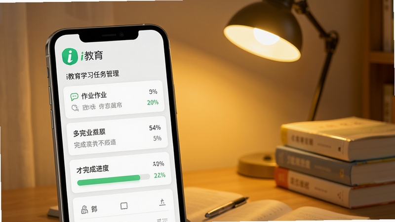 i教育学习任务管理界面展示,画面主体为手机屏幕,呈现作业列表与完成进度条,屏幕上有i教育标志,背景为安静的书桌一角,台灯散发暖黄色光芒,书本整齐叠放,整体画面传递专注学习的氛围
