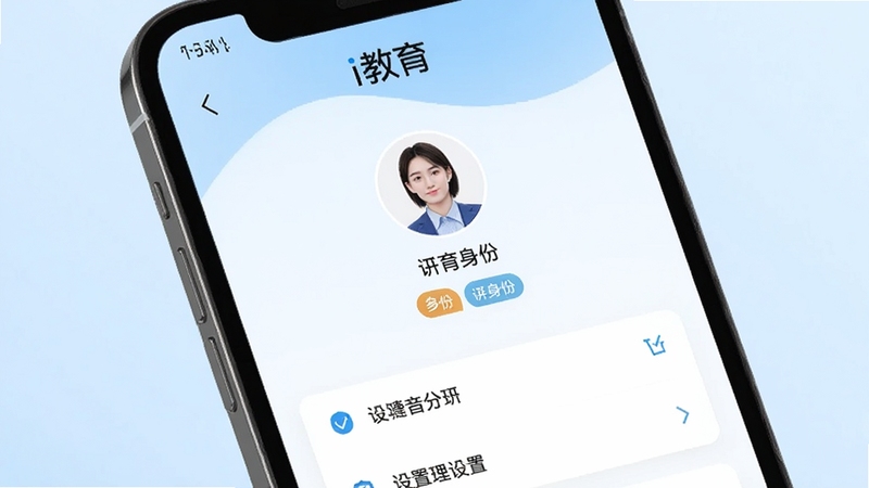 i教育个人中心界面特写,画面主体为手机屏幕,显示用户头像、身份标签与设置选项,屏幕上方有i教育应用名称,背景为柔和的浅蓝色渐变,界面元素简洁有序,突出个人管理的便捷与清晰