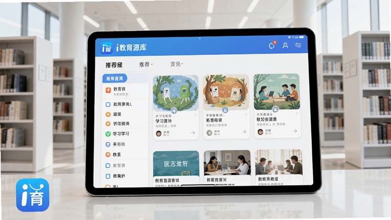i教育资源库浏览界面,画面主体为平板电脑屏幕,展示分类清晰的学习资料列表与推荐内容,屏幕角落有i教育应用图标,背景为现代简约风格的图书馆,书架林立,光线明亮,整体呈现知识海洋的视觉感受