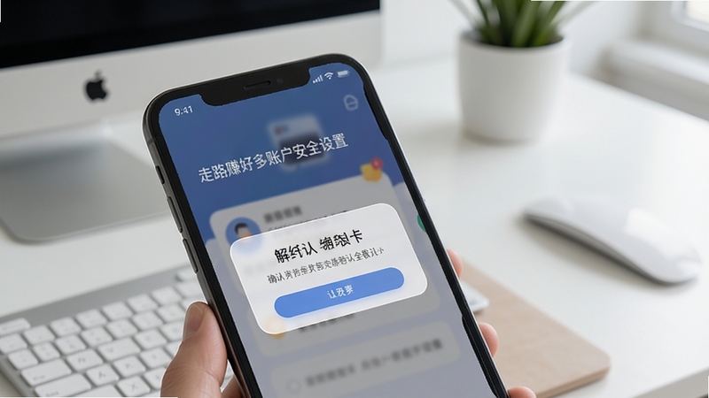 走路赚好多账户安全设置页面,手机屏幕显示解绑银行卡确认弹窗,背景为简约办公桌面,柔和圆角卡片风格