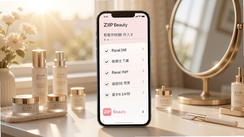 ZIIP Beauty 智能护肤日程提醒界面,手机屏幕显示早间护肤步骤清单,背景为晨光照射的梳妆台,摆放着护肤品和镜子,画面明亮温馨,带ZIIP Beauty应用图标