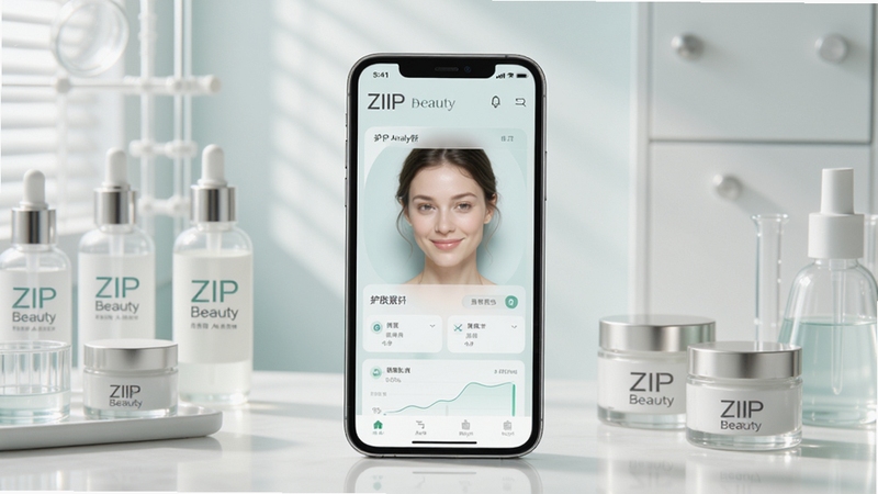 ZIIP Beauty 软件主界面与核心功能展示图,画面中央为手机屏幕显示护肤分析仪表盘,背景为浅色护肤实验室风格,包含瓶瓶罐罐与柔和光线,整体色调清新专业,突出ZIIP Beauty品牌标识