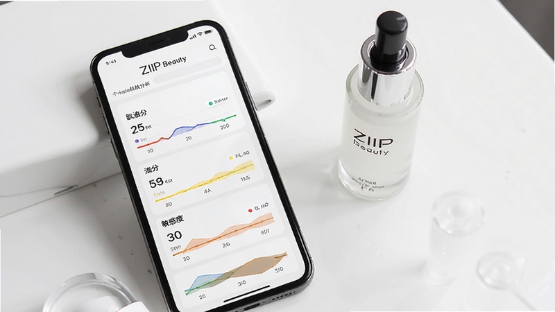 ZIIP Beauty 个性化肌肤分析界面,手机屏幕显示肌肤水分、油分、敏感度等数据图表,背景为干净的白色桌面,旁边放着护肤精华瓶,画面风格简约科技感,带ZIIP Beauty标志