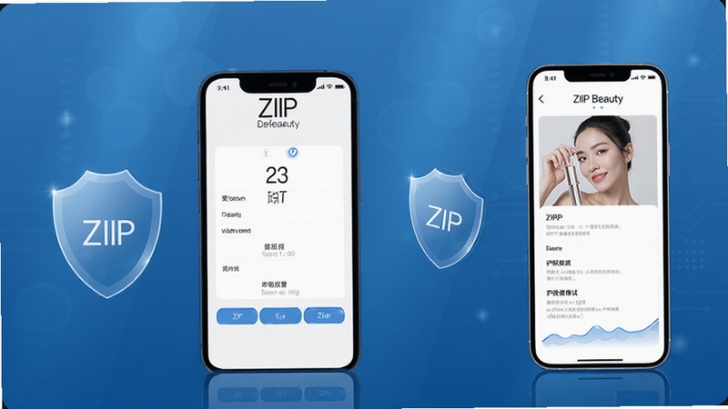 ZIIP Beauty 移动端操作示意图,展示手机安装权限设置界面与护肤测试步骤,背景为简洁的科技蓝渐变,画面包含盾牌安全图标与ZIIP Beauty界面截图