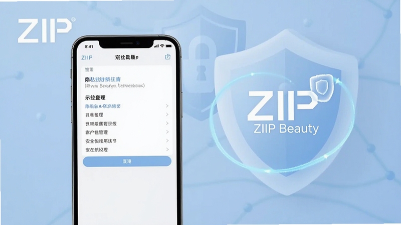 ZIIP Beauty 安全使用示意图,画面展示手机屏幕上的隐私设置与权限管理界面,背景为柔和的蓝色防护盾牌,整体风格可信赖,带ZIIP Beauty标志