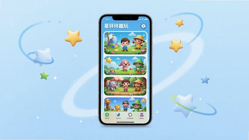 星环趣玩应用界面全景展示,画面中心放置一部智能手机,屏幕内呈现色彩活泼的休闲游戏卡片列表,背景为淡蓝色渐变,周围点缀星星与光环元素,整体风格明亮清爽,适合Boogu模型生成