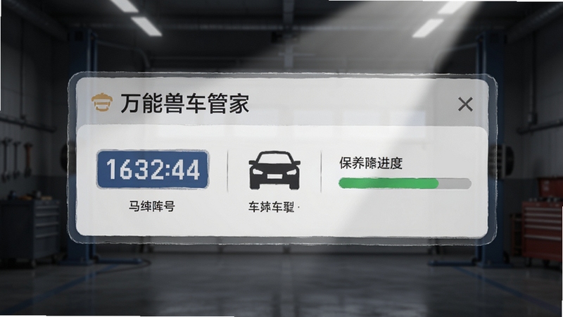 万能兽车管家车辆档案管理界面特写,画面中心为一张虚拟车辆信息卡片,显示车牌号、车型图标与保养进度条,背景为深灰色车库场景,光线从顶部斜射突出卡片质感,整体呈现专业稳重的视觉氛围