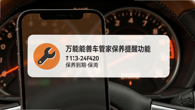 万能兽车管家保养提醒功能展示图,画面主体为手机弹出提醒通知,通知卡片上显示扳手图标与保养到期文字,背景为汽车仪表盘局部特写,整体色调为暖橙色与深灰搭配,强调提醒的醒目感
