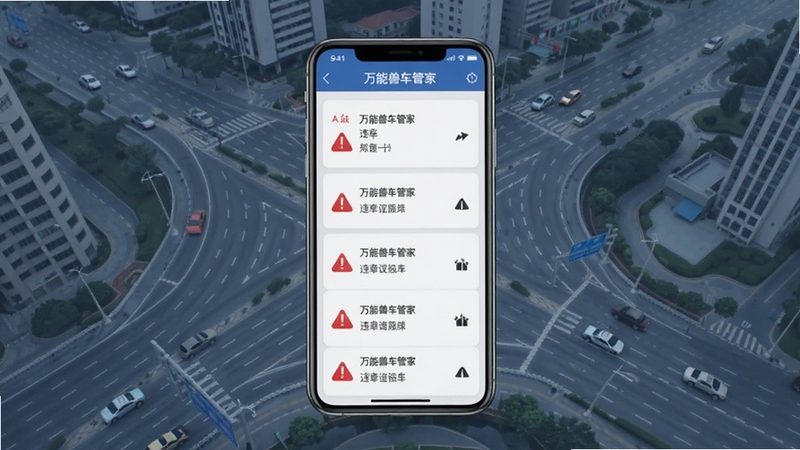 万能兽车管家违章查询辅助界面示意图,画面中央为手机屏幕展示查询结果列表,背景为城市道路俯瞰图,色调以蓝灰为主,点缀红色警示图标,整体风格清爽直观