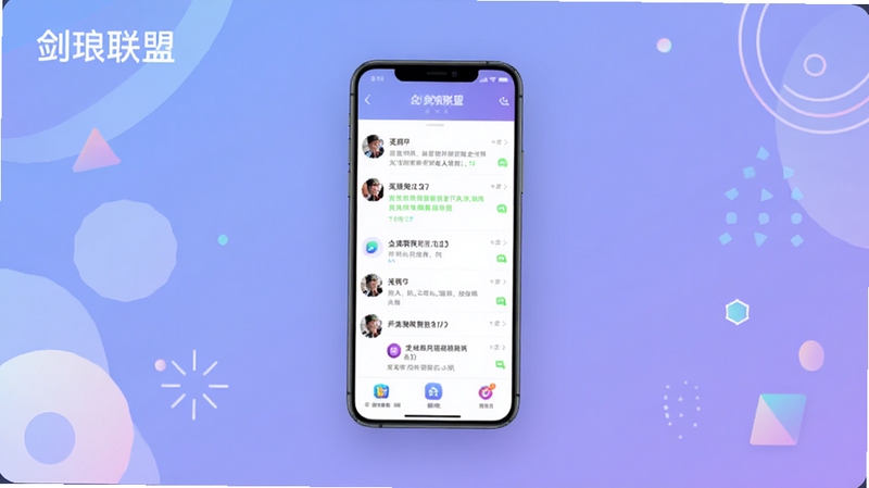 剑琅联盟应用主界面全貌展示,画面中央为手机屏幕内显示社交聊天列表与功能入口图标,背景为柔和的蓝紫色渐变,四周点缀简约的几何装饰元素,整体风格现代清爽,突出软件名称剑琅联盟
