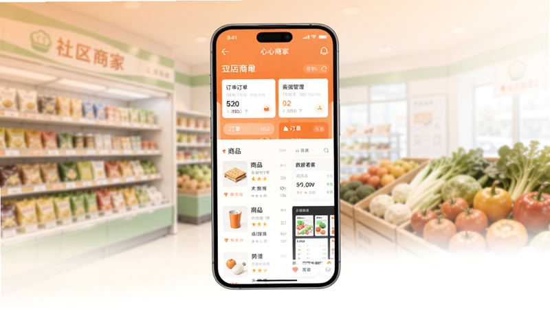 画面中心位置为一部竖屏智能手机,手机屏幕内展示橙心商家APP的店铺管理首页界面,界面包含订单卡片、商品列表与数据看板等元素,背景区域为浅橙色渐变到白色的柔和过渡,背景中隐约可见社区便利店货架与生鲜果蔬的虚化剪影,整体风格干净明亮,适合软件下载站配图使用