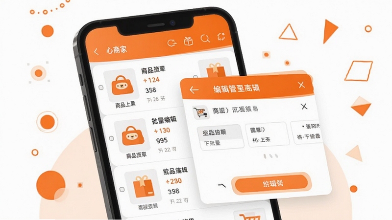 橙心商家APP商品管理界面特写,手机屏幕显示商品列表与编辑弹窗,画面风格为扁平化插画,主色调为橙色与白色,背景为简洁的几何图形装饰,突出商品上架与批量编辑功能,适合作为软件功能介绍配图