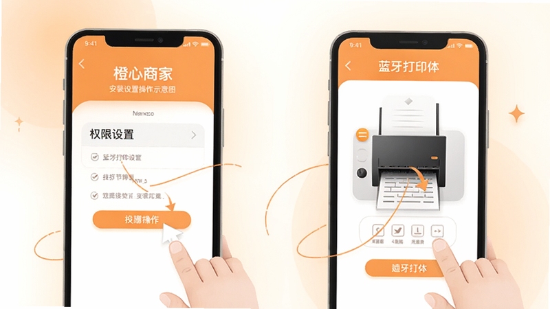 橙心商家安装设置操作示意图,画面展示手机屏幕中权限设置页面与蓝牙打印机连接界面,采用清新简约的插画风格,主色调为浅橙色与白色,背景为柔和的渐变,突出操作步骤与提示信息,适合软件教程配图