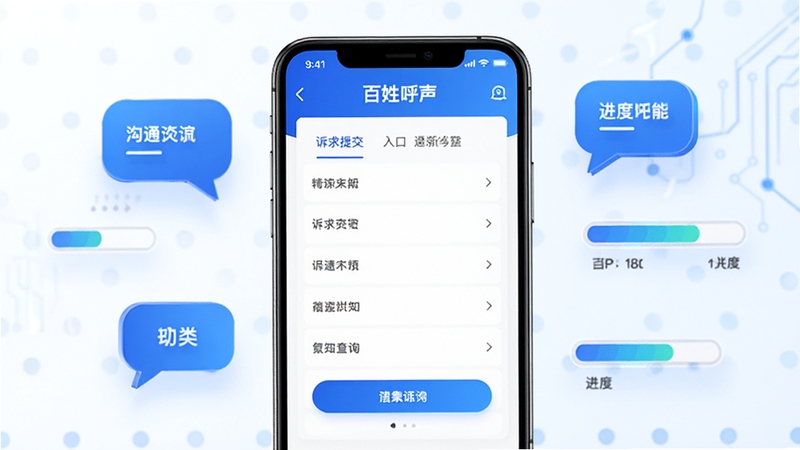 百姓呼声APP主界面展示诉求提交入口和进度查询功能,画面中心为手机屏幕显示分类清晰的诉求表单,背景为简洁的政务蓝白配色,周围环绕着象征沟通的对话气泡和进度条图标,风格写实且富有科技感
