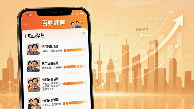 百姓呼声APP热点聚焦页面,手机屏幕中显示热门民生话题列表和讨论热度条,背景为城市剪影和上升的数据曲线,色调温暖明亮,突出社区互动氛围