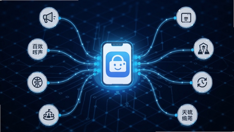 百姓呼声APP部门联动网络示意图,画面中央为发光的手机应用图标,向外延伸出多条连线连接不同政务部门图标,背景为深蓝色科技网格,体现高效协同与数据流转