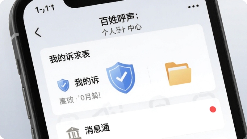 百姓呼声APP个人中心界面,手机屏幕显示我的诉求列表和消息通知红点,背景为柔和渐变浅灰色,配以盾牌和档案袋图标,传达安全与秩序感