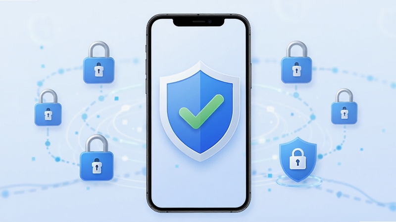 百姓呼声APP安全认证标识示意图,画面中央为手机屏幕显示盾牌和勾选标记,背景为淡蓝色渐变,周围环绕数据加密锁和隐私保护图标,风格稳重可信