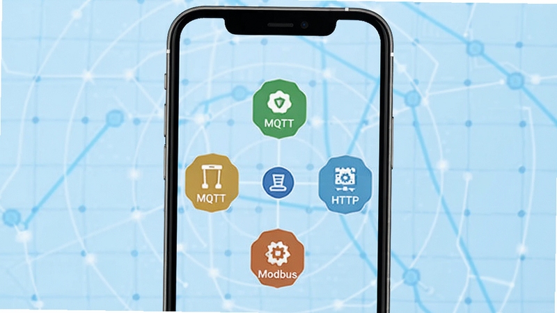 IoTGateway软件界面展示多协议连接状态,手机屏幕中央显示MQTT、HTTP、Modbus协议图标环绕设备节点,背景为浅蓝色科技感网格,风格简洁扁平化,适合软件下载站展示图