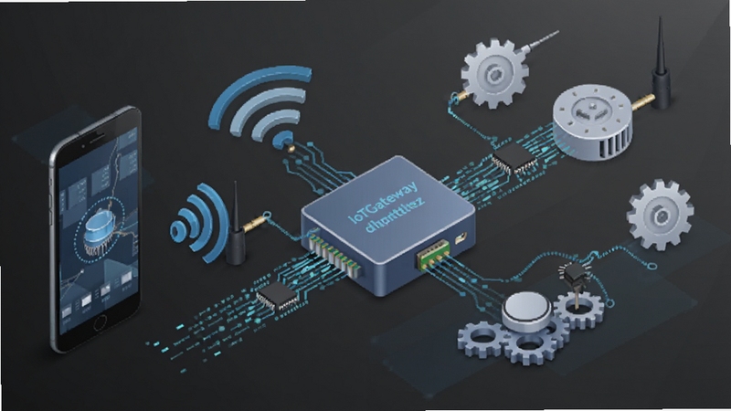IoTGateway边缘计算功能示意图,手机与传感器设备通过无线连接,数据在本地网关进行过滤处理,画面中有齿轮与数据流元素,背景为深灰色渐变,科技感强