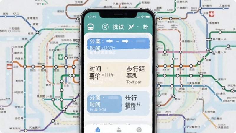 公交地铁查询通APP地铁路线规划界面,手机屏幕显示多条换乘方案对比,包含时间、票价、步行距离信息,背景为城市地铁线路图风格