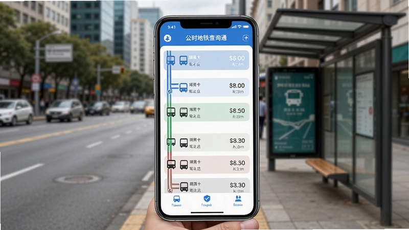 公交地铁查询通APP实时公交到站界面,手机屏幕显示多条公交线路预计到达时间,背景是城市街道与公交站台,界面清爽直观