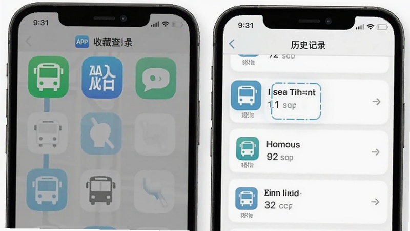 公交地铁查询通APP收藏夹与历史记录界面,手机屏幕显示已收藏的公交和地铁路线列表,背景简洁,突出便捷管理功能