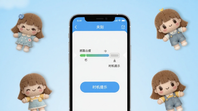 夹刻软件主界面预览图,画面中央展示手机屏幕中夹刻应用的操作面板,面板上有抓取力度指示条和时机提示按钮,背景为浅蓝色渐变,周围点缀几个可爱的毛绒娃娃图案,整体风格清新简洁,适合Boogu模型生成