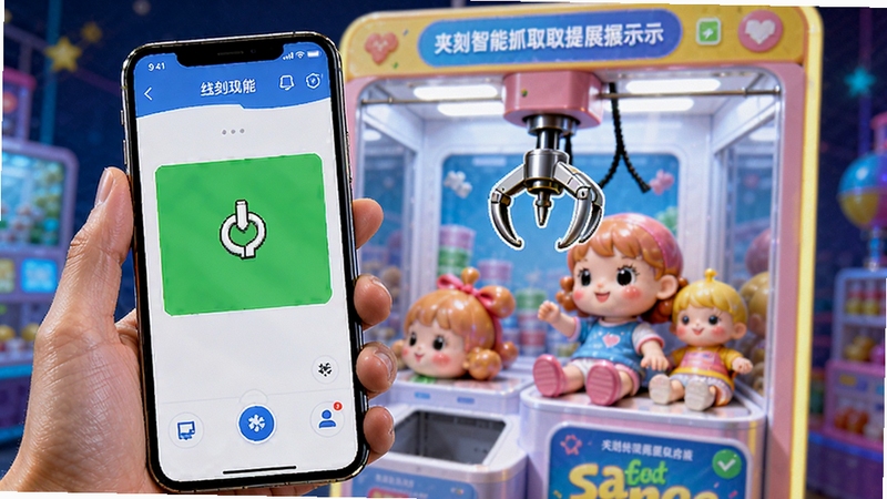 夹刻智能抓取时机提示功能展示图,画面中一只手拿着手机,手机屏幕上夹刻应用正显示绿色高亮提示区域,爪子图标对准娃娃,背景为线上抓娃娃机界面,整体色调明亮活泼,突出科技感与实用性的结合