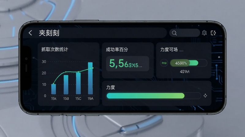 夹刻实时数据反馈面板界面图,手机屏幕中显示夹刻应用的数据面板,包含抓取次数统计、成功率百分比、力度条等图表元素,背景为深色科技风格,数据以亮色高亮显示,整体视觉效果专业且直观