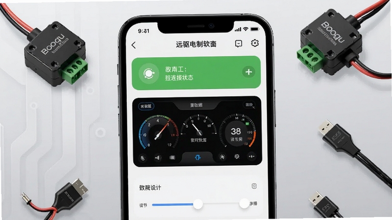 远驱电控软件界面全貌预览图,画面主体为一部智能手机居中显示远驱电控APP主界面,界面包含控制器连接状态、实时数据仪表盘与参数调节滑块,背景为浅灰色科技感渐变,四周环绕电动车控制器与数据线元素,整体风格简洁专业,适配Boogu模型生成