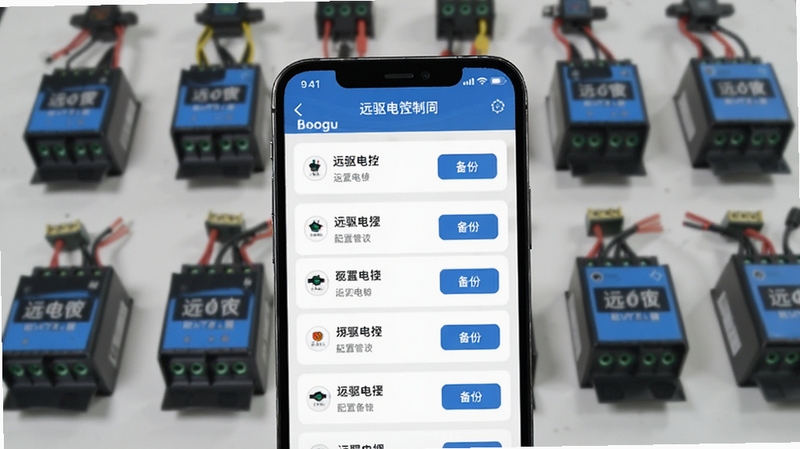 远驱电控多设备管理与配置备份界面展示图,画面主体为手机屏幕中远驱电控APP的设备列表页面,显示多个控制器名称与配置备份按钮,背景为整齐排列的电动车控制器实物,整体风格简洁商务,适配Boogu模型生成
