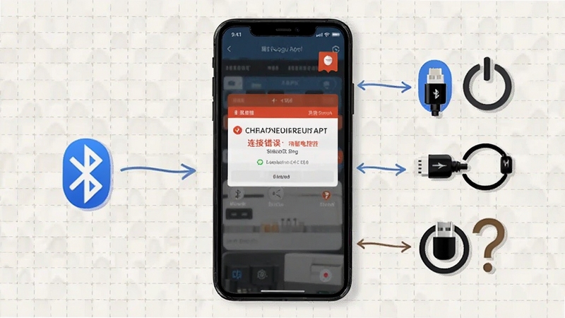 远驱电控连接失败排查步骤示意图,画面主体为手机屏幕显示远驱电控APP连接错误提示,旁边配有蓝牙、数据线、电源图标与问号,背景为浅色网格底纹,整体风格为信息图解式,适配Boogu模型生成