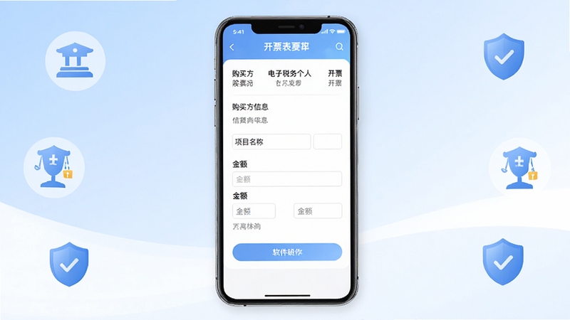 清新淡雅的手机应用界面截图,画面中央展示电子税务个人发票的开票表单填写页面,包含购买方信息、项目名称、金额输入框等元素,背景为柔和的蓝白渐变,四周点缀简洁的税务图标与盾牌安全标识,整体风格专业且易读,适合作为软件功能介绍配图