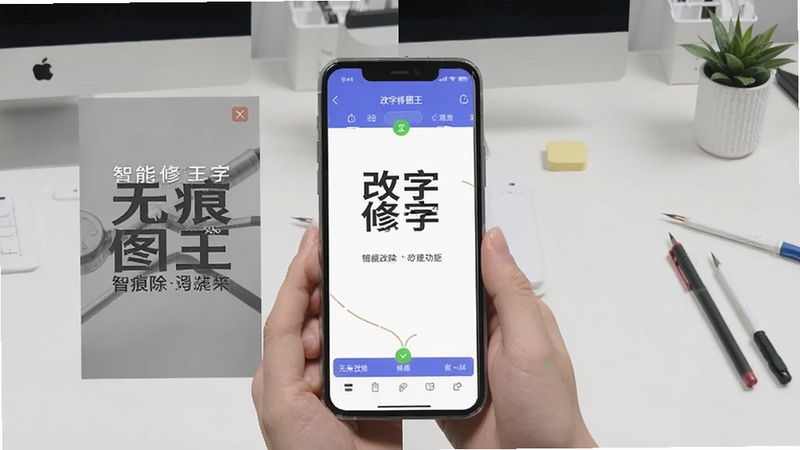 改字修图王智能擦除功能演示图,画面左侧展示一张带有文字水印的图片,右侧展示擦除后干净无痕的效果对比,手机屏幕中显示改字修图王的操作界面,背景为简约工作台风格,突出无痕改字效果