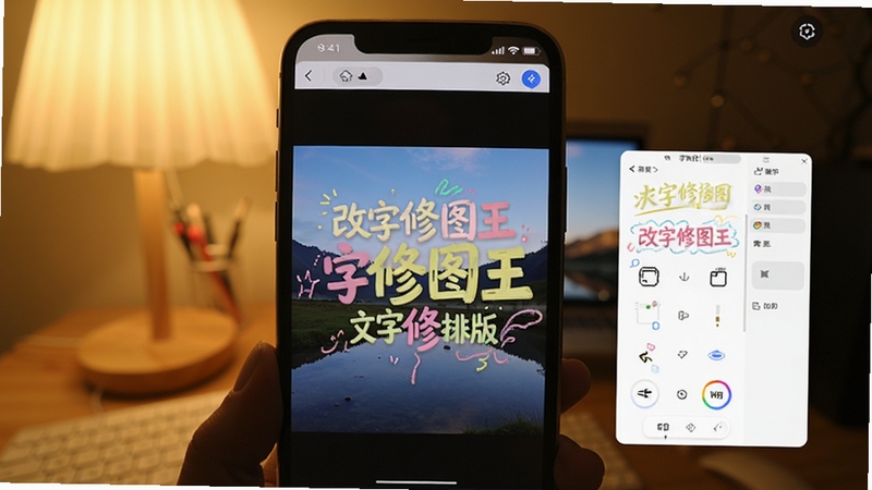 改字修图王文字添加与排版界面截图,画面展示手机屏幕中改字修图王应用正在编辑一张风景照片,图片上添加了彩色艺术文字,文字样式面板清晰可见,背景为柔和的室内光线,整体呈现创意修图氛围