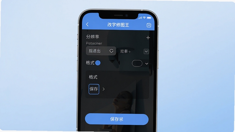 改字修图王高清导出界面示意图,画面展示手机屏幕中改字修图王应用的导出设置页面,包含分辨率选择、格式选项和保存按钮,背景为简洁的蓝色渐变风格,突出高清导出特点