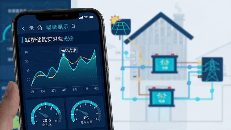 联塑储能实时监控数据面板特写,手机屏幕显示动态折线图与数字仪表盘,背景为家庭能源系统示意图,标注光伏、电池、电网三个节点,画面风格扁平化科技感,主色调深蓝与青色,数据线条明亮清晰