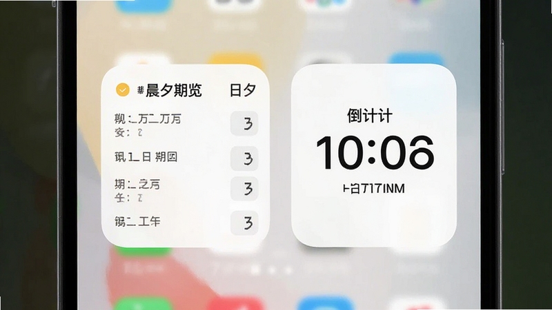 晨夕有期 桌面小组件效果 手机主屏幕显示日程概览卡片和倒计时卡片 背景为浅色壁纸 卡片圆角设计 文字清晰 适配Boogu模型生成